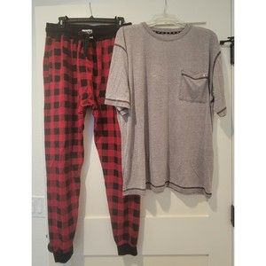 Lazy One 2 piece Tee Shirt + Long John Pajamas Christmas Plaid L/XL Mens Womens